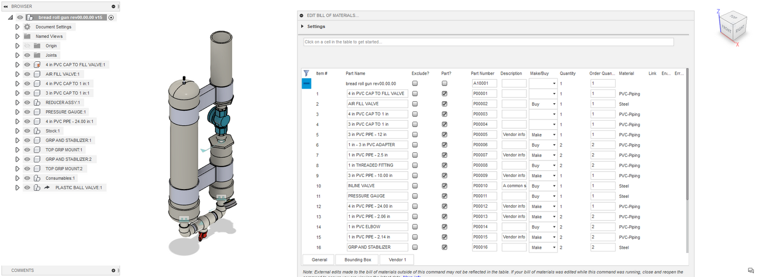 A screenshot of Bommer for Autodesk Fusion 360 displaying the bill of materials along side a CAD model of the air cannon in Autodesk Fusion 360