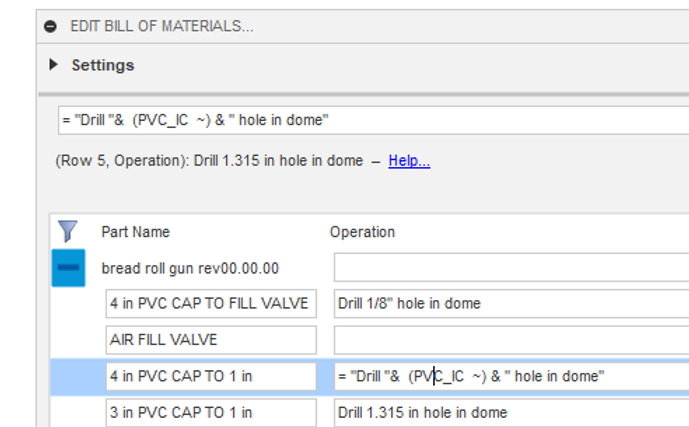 A screenshot of the Bommer for Autodesk Fusion 360 software showing a formula that uses a design parameter to construct text work instructions