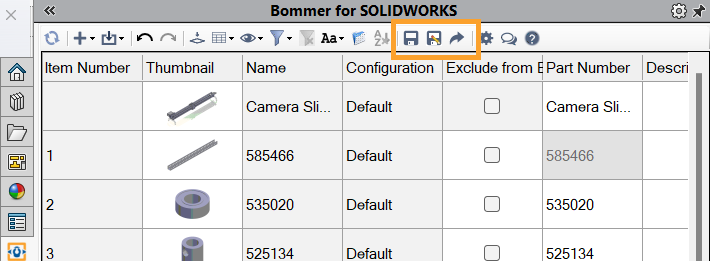 image showing Bommer for SOLIDWORKS user interface with the export buttons highlighted